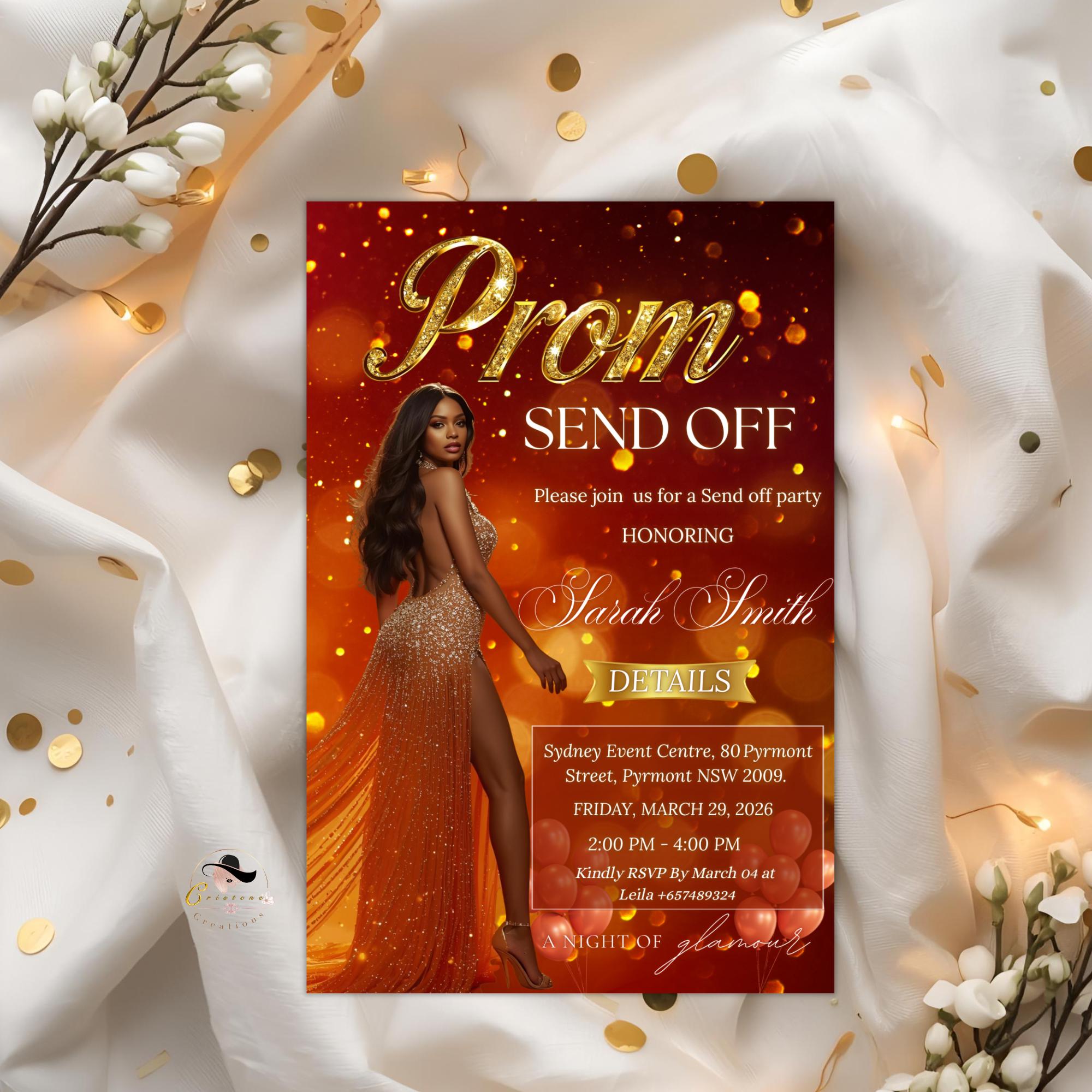 Orange Prom Send Off Party Invitation, Woman Senior Ball and Junior Prom Night with photo invite Elegant Hollywood Theme Template, PRM09