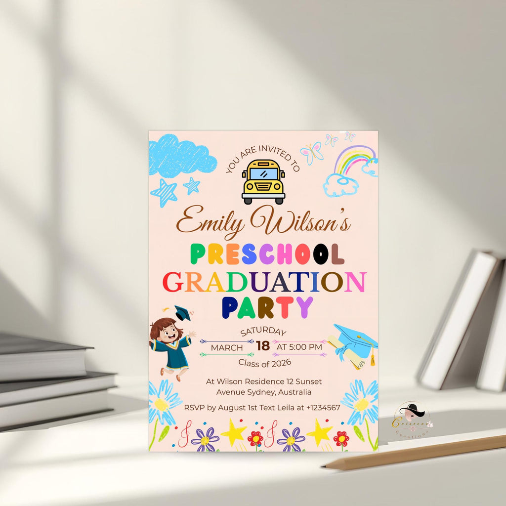 Preschool Graduation Announcement Invitation, Pre-K Graduates Class of 2026 Invite, Colorful Kindergarten Grad party Celebration Template