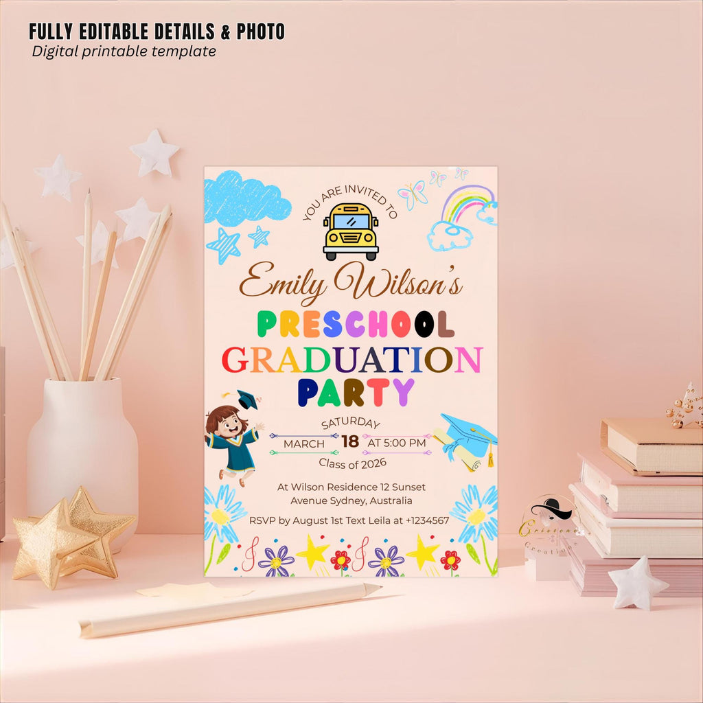 Preschool Graduation Announcement Invitation, Pre-K Graduates Class of 2026 Invite, Colorful Kindergarten Grad party Celebration Template