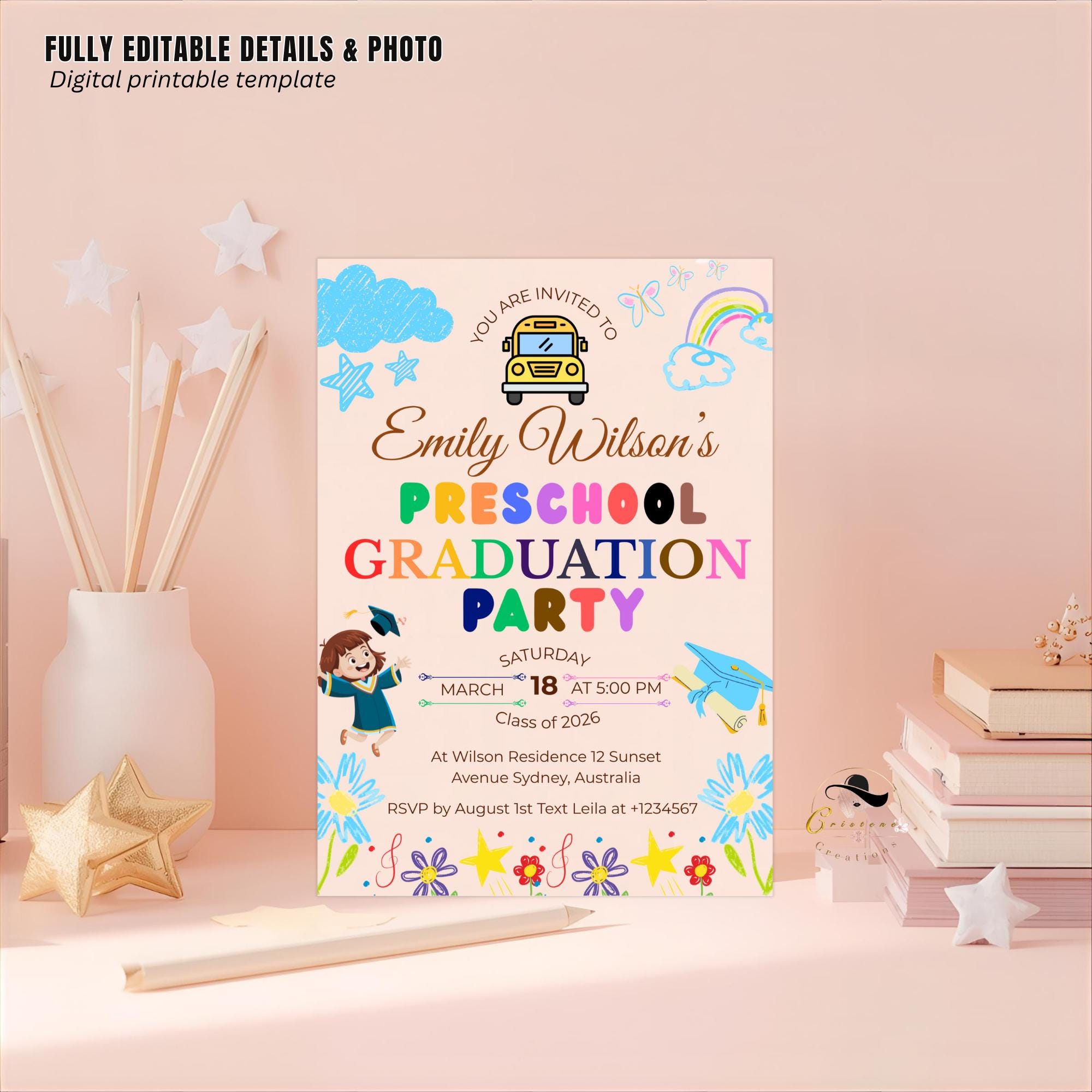 Preschool Graduation Announcement Invitation, Pre-K Graduates Class of 2026 Invite, Colorful Kindergarten Grad party Celebration Template