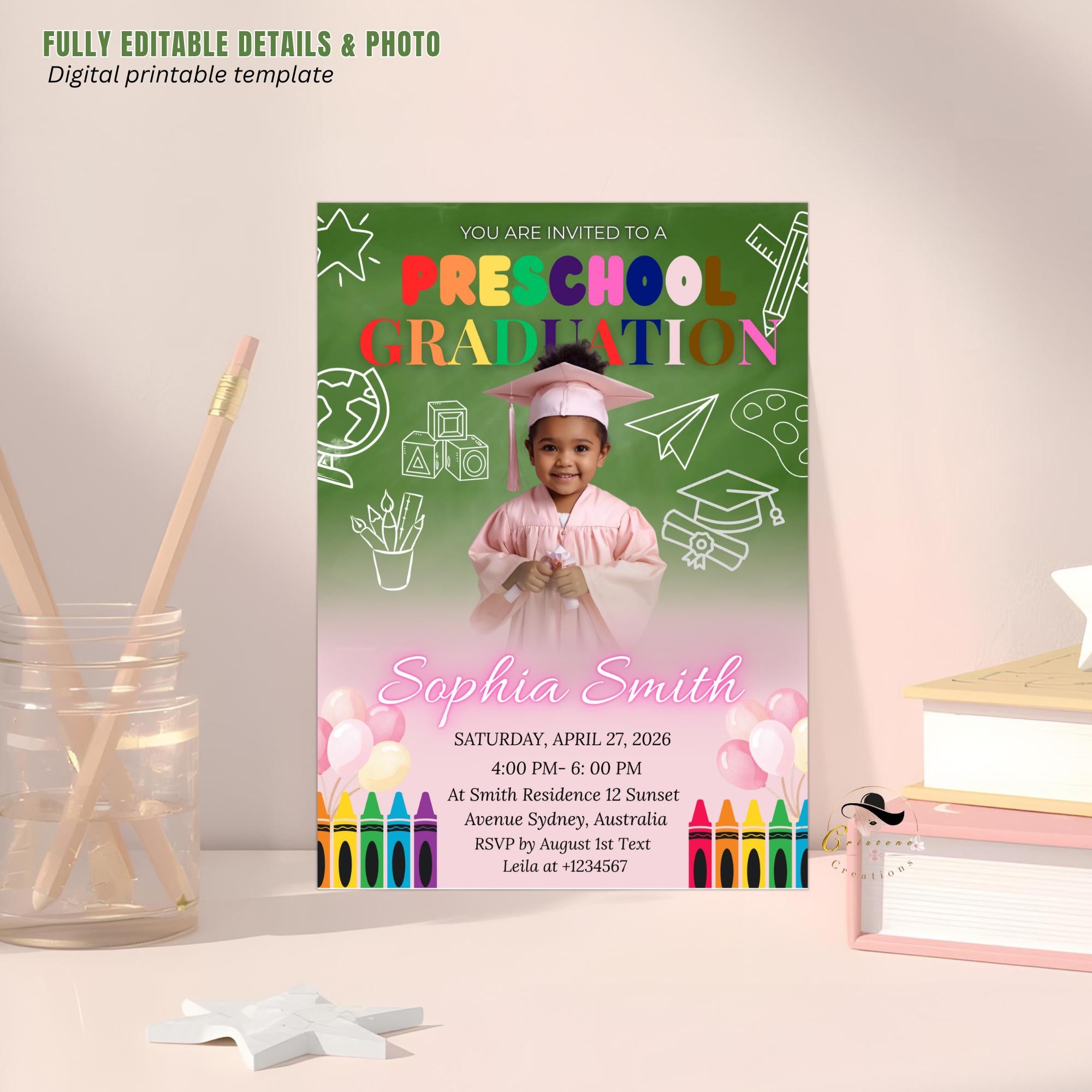Preschool Graduation Announcement Invitation, Pre-K Graduates Class of 2026 with photo invite, Colorful Kindergarten Grad party Template