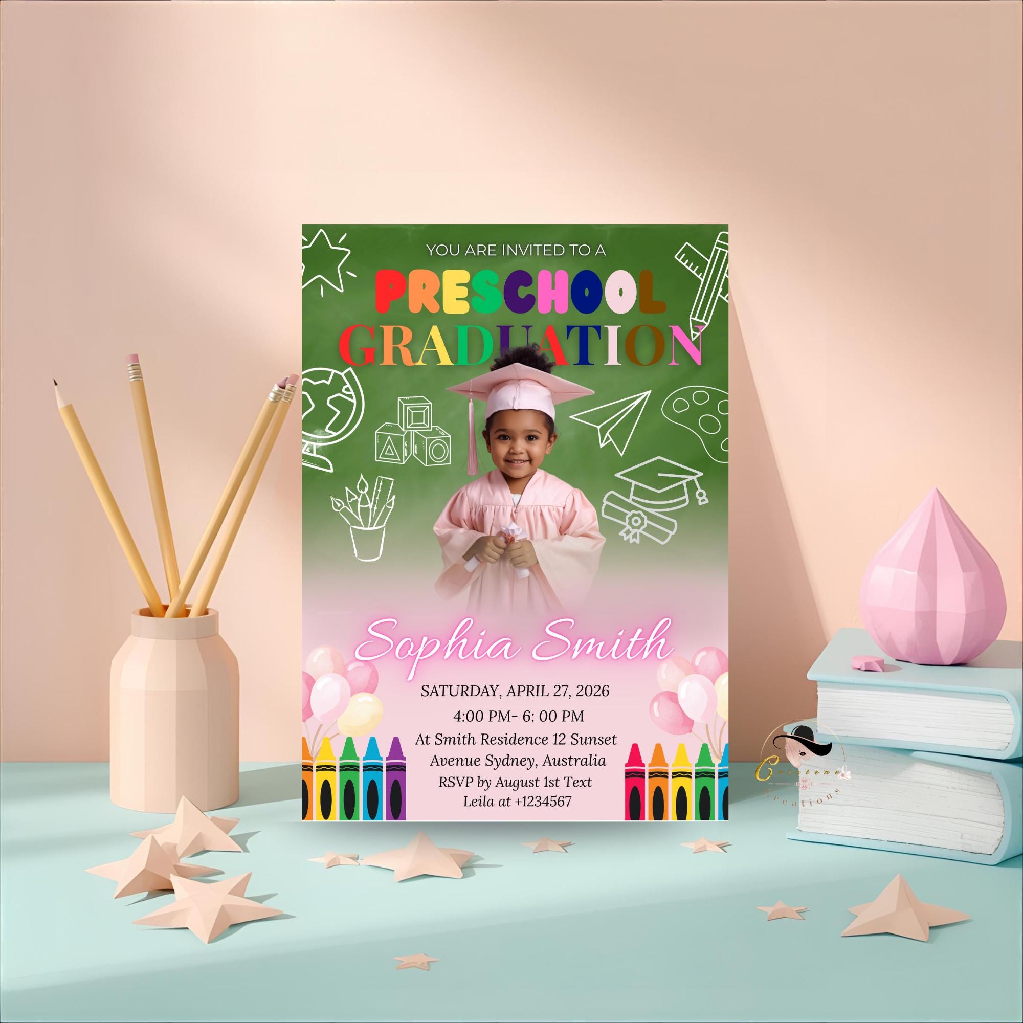 Preschool Graduation Announcement Invitation, Pre-K Graduates Class of 2026 with photo invite, Colorful Kindergarten Grad party Template