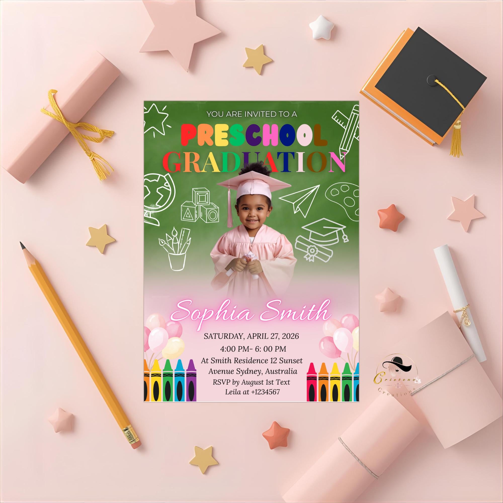 Preschool Graduation Announcement Invitation, Pre-K Graduates Class of 2026 with photo invite, Colorful Kindergarten Grad party Template