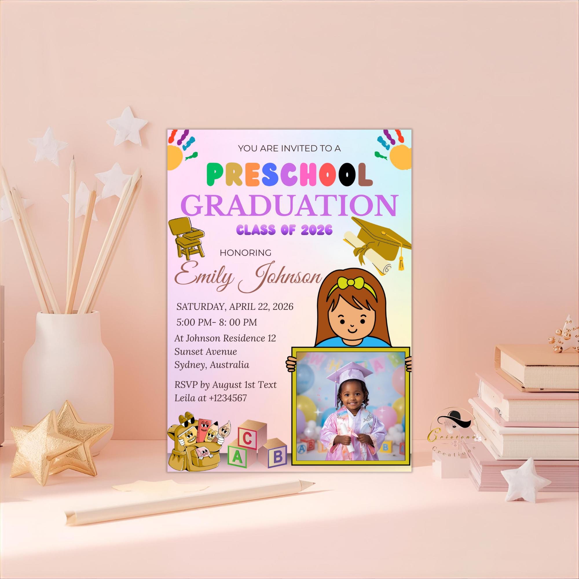 Preschool Graduation Announcement Invitation, Pre-K Graduates Class of 2026 with photo invite Colorful Kids Kindergarten Grad party Template