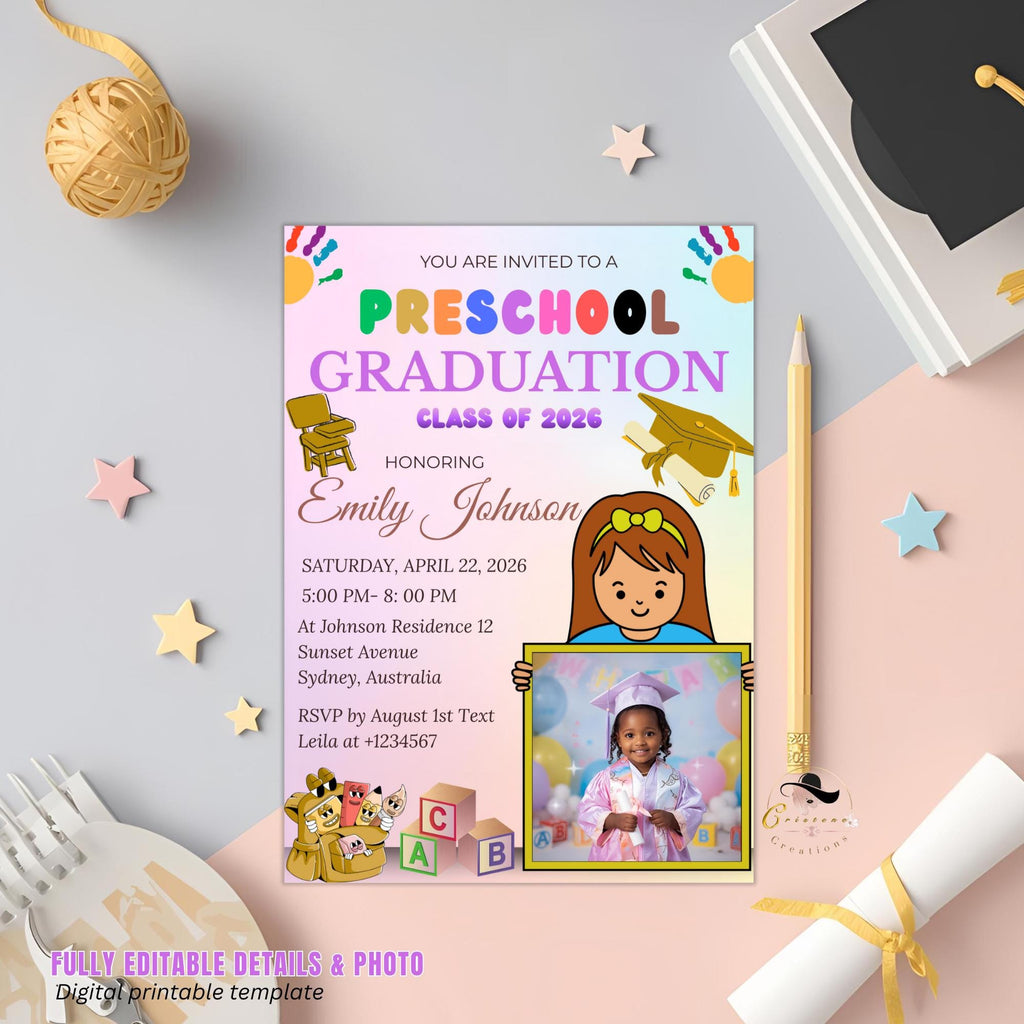 Preschool Graduation Announcement Invitation, Pre-K Graduates Class of 2026 with photo invite Colorful Kids Kindergarten Grad party Template