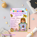 Preschool Graduation Announcement Invitation, Pre-K Graduates Class of 2026 with photo invite Colorful Kids Kindergarten Grad party Template
