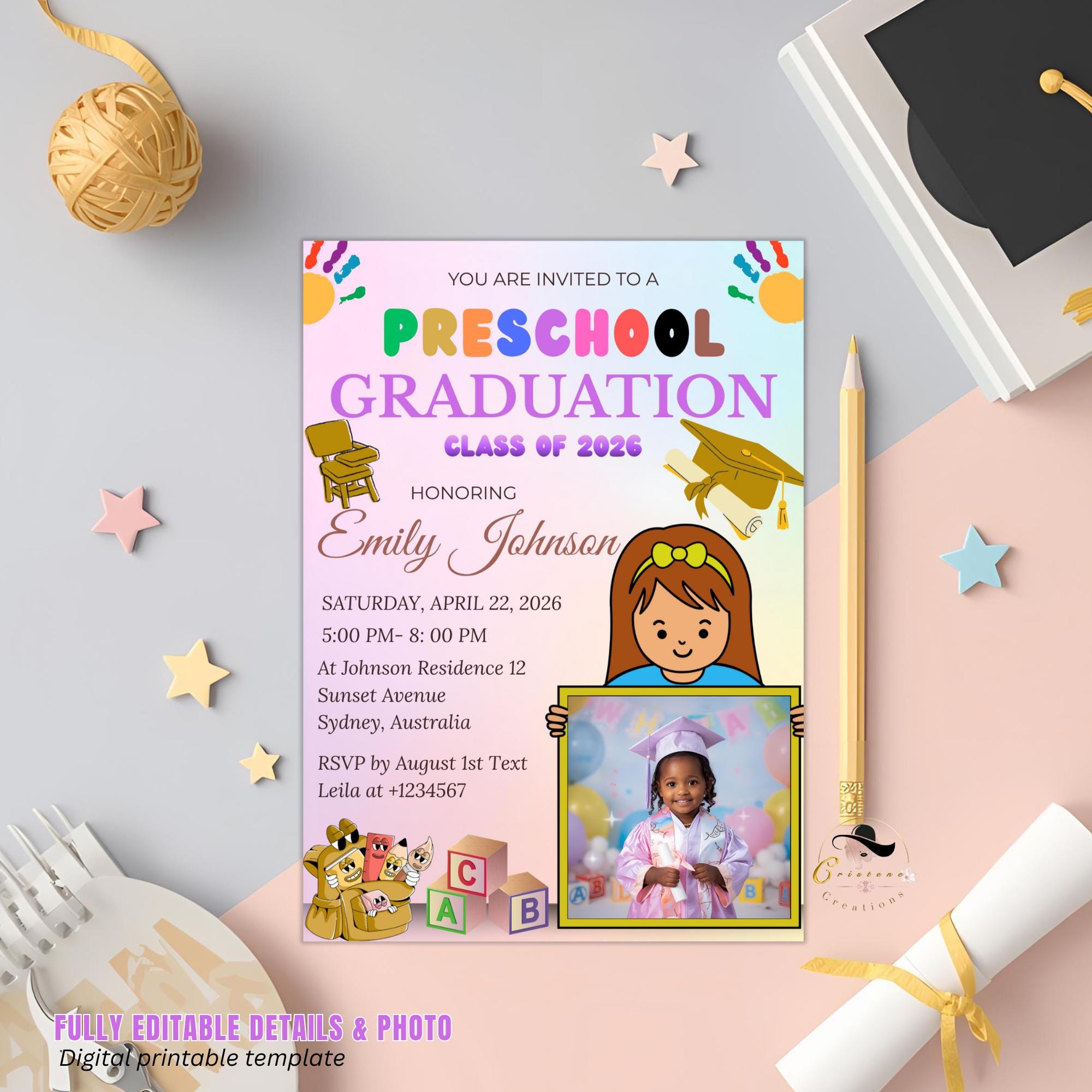 Preschool Graduation Announcement Invitation, Pre-K Graduates Class of 2026 with photo invite Colorful Kids Kindergarten Grad party Template