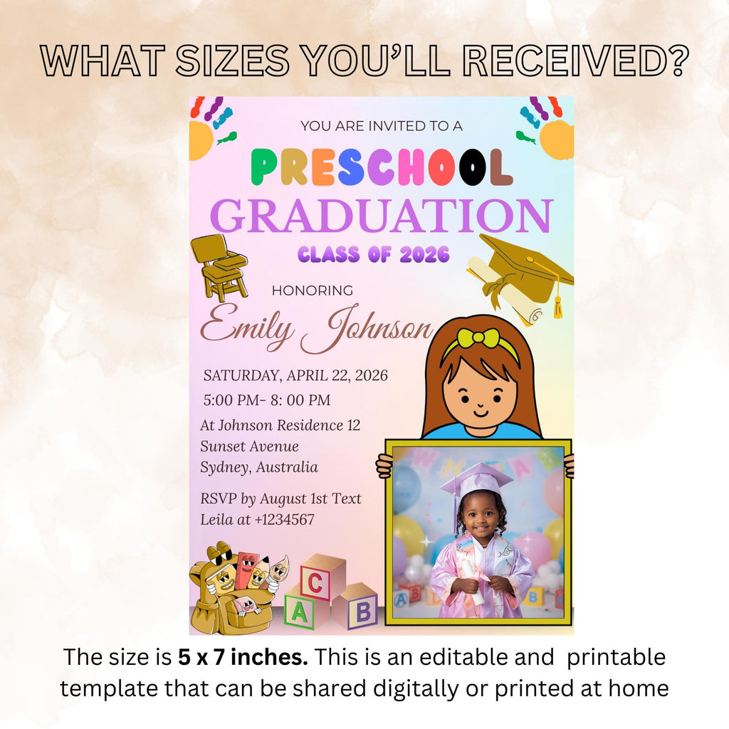 Preschool Graduation Announcement Invitation, Pre-K Graduates Class of 2026 with photo invite Colorful Kids Kindergarten Grad party Template