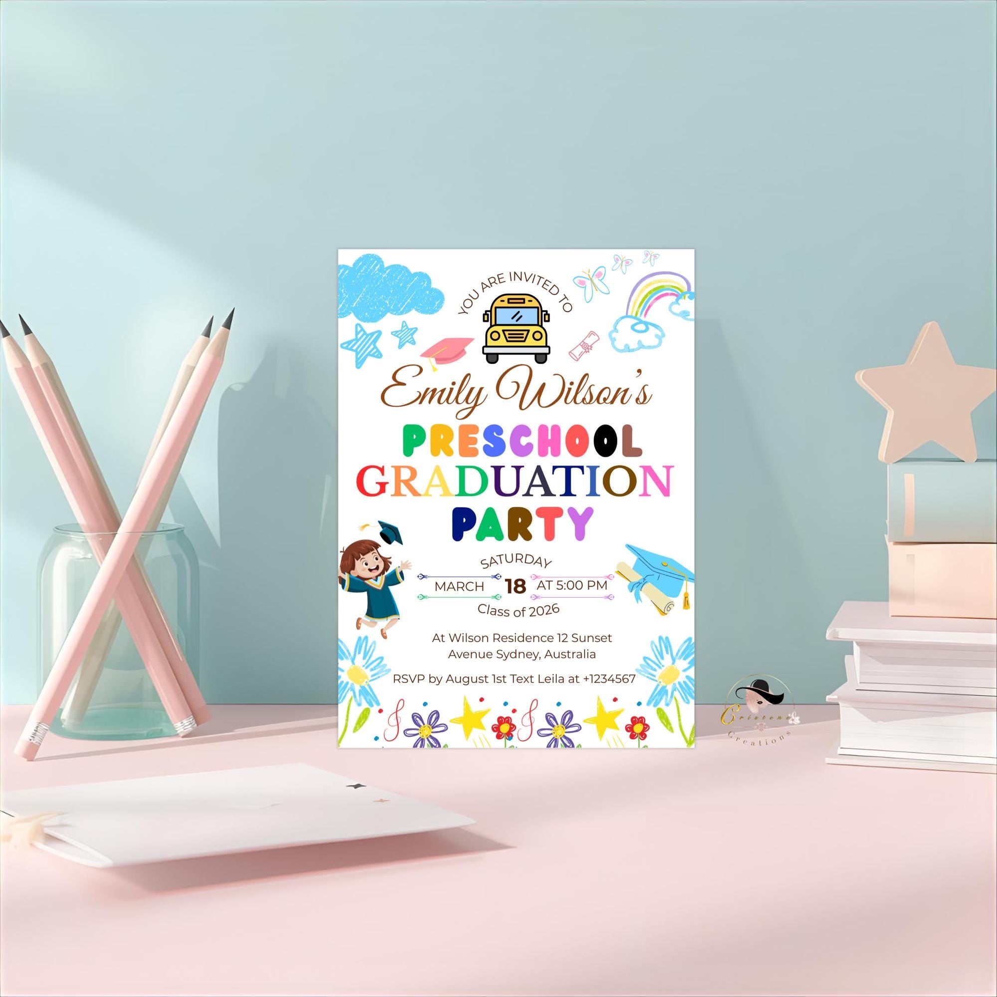 Preschool Graduation Announcement Invitation, Pre-K Graduates Class of 2026 Invite Colorful Kid Kindergarten Grad party Celebration Template