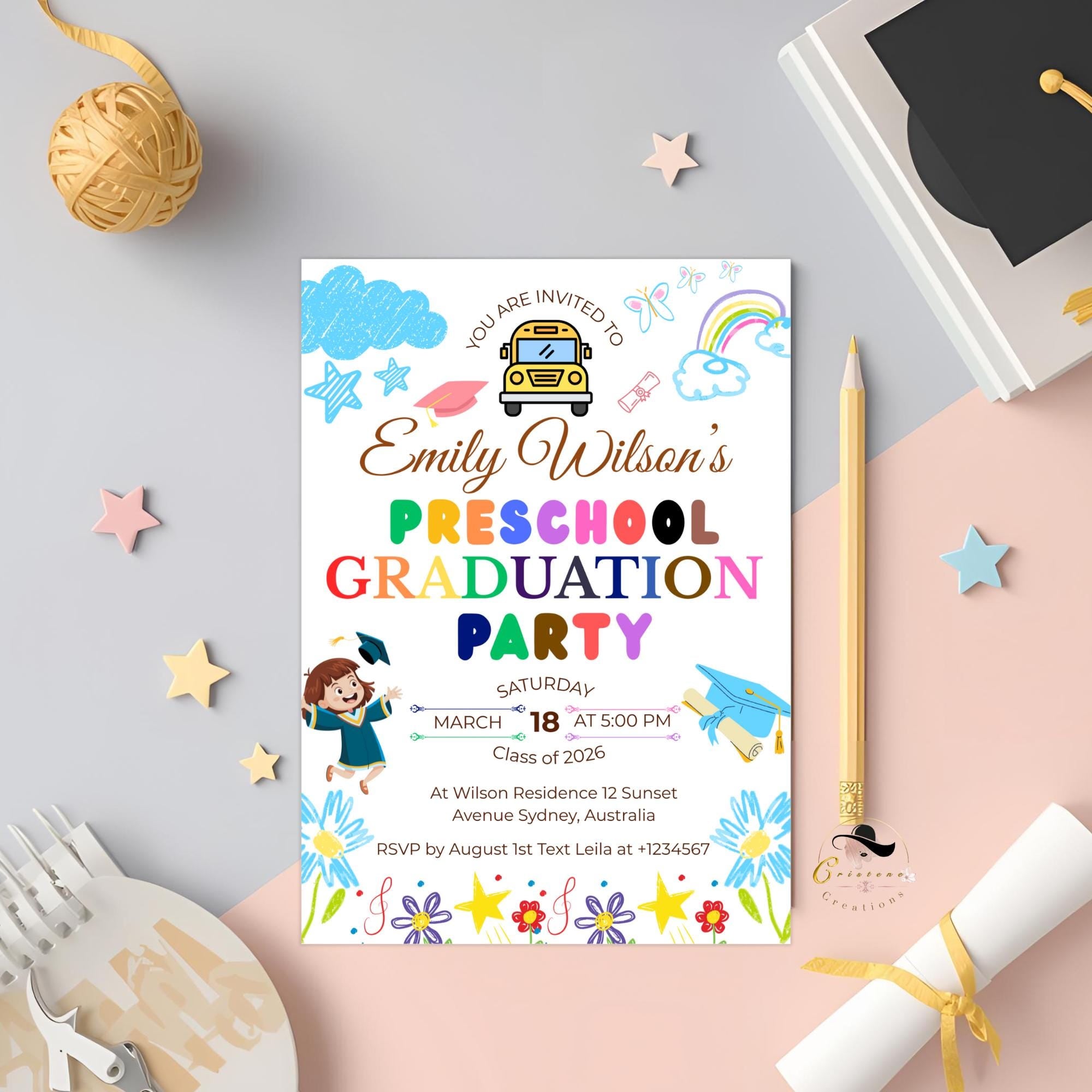 Preschool Graduation Announcement Invitation, Pre-K Graduates Class of 2026 Invite Colorful Kid Kindergarten Grad party Celebration Template