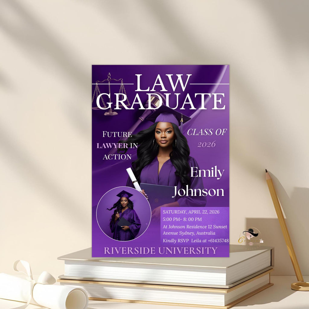 Law School Graduation Invitation, 2026 Lawyer Ceremony invite with photo, Legal Attorney Profession Graduate Flyer Magazine Cover Template