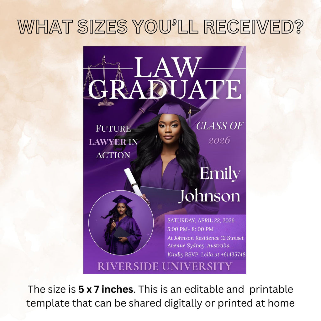 Law School Graduation Invitation, 2026 Lawyer Ceremony invite with photo, Legal Attorney Profession Graduate Flyer Magazine Cover Template