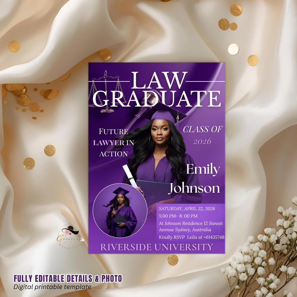 Law School Graduation Invitation, 2026 Lawyer Ceremony invite with photo, Legal Attorney Profession Graduate Flyer Magazine Cover Template