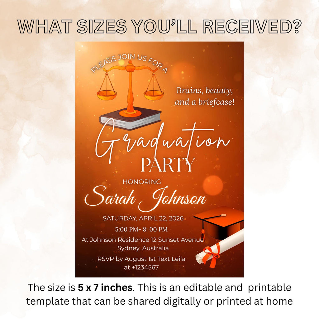 Editable Lawyer Graduation Announcement Invitation, Class 2026 Law School Ceremony invite, Legal Attorney Profession Graduate Flyer Template