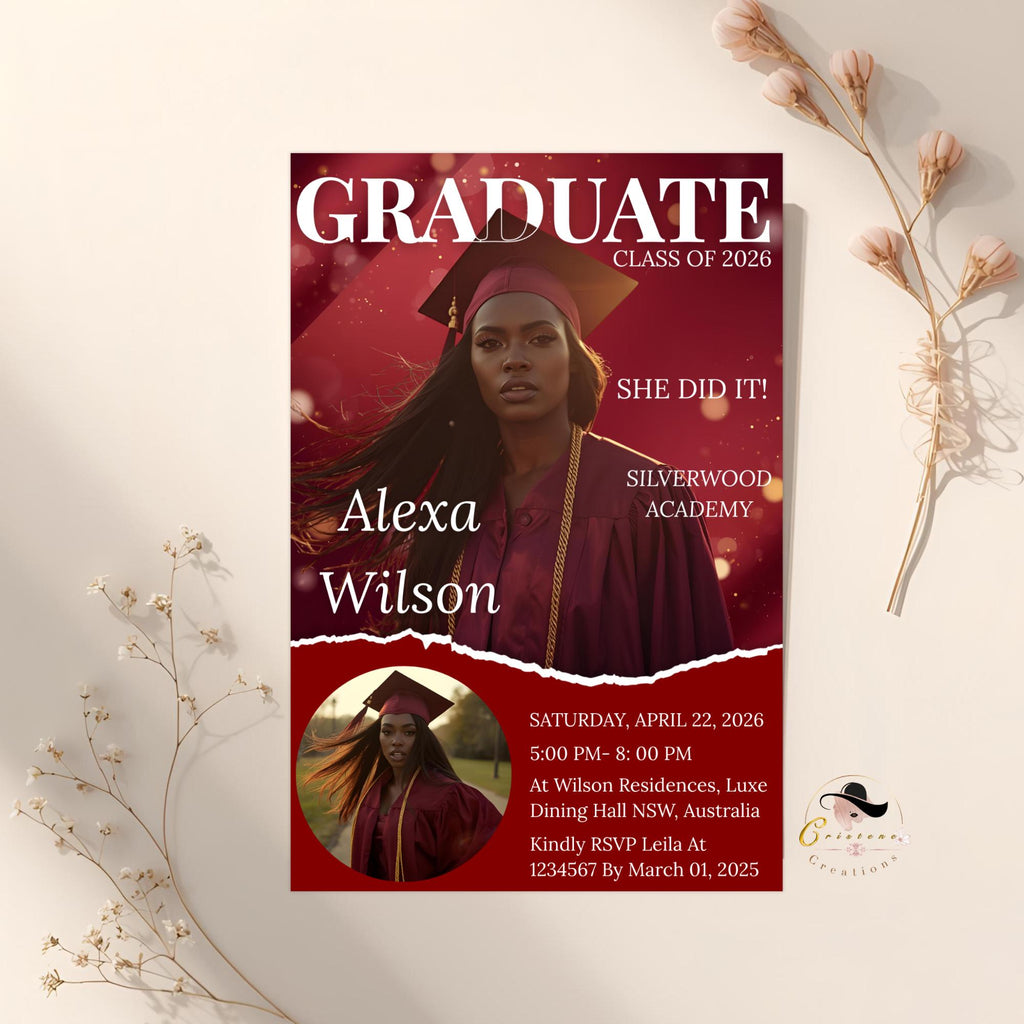 Maroon Graduation Party Invitation 2026, Digital Woman Senior Graduation invite with photo, Editable College Graduate Announcement Template