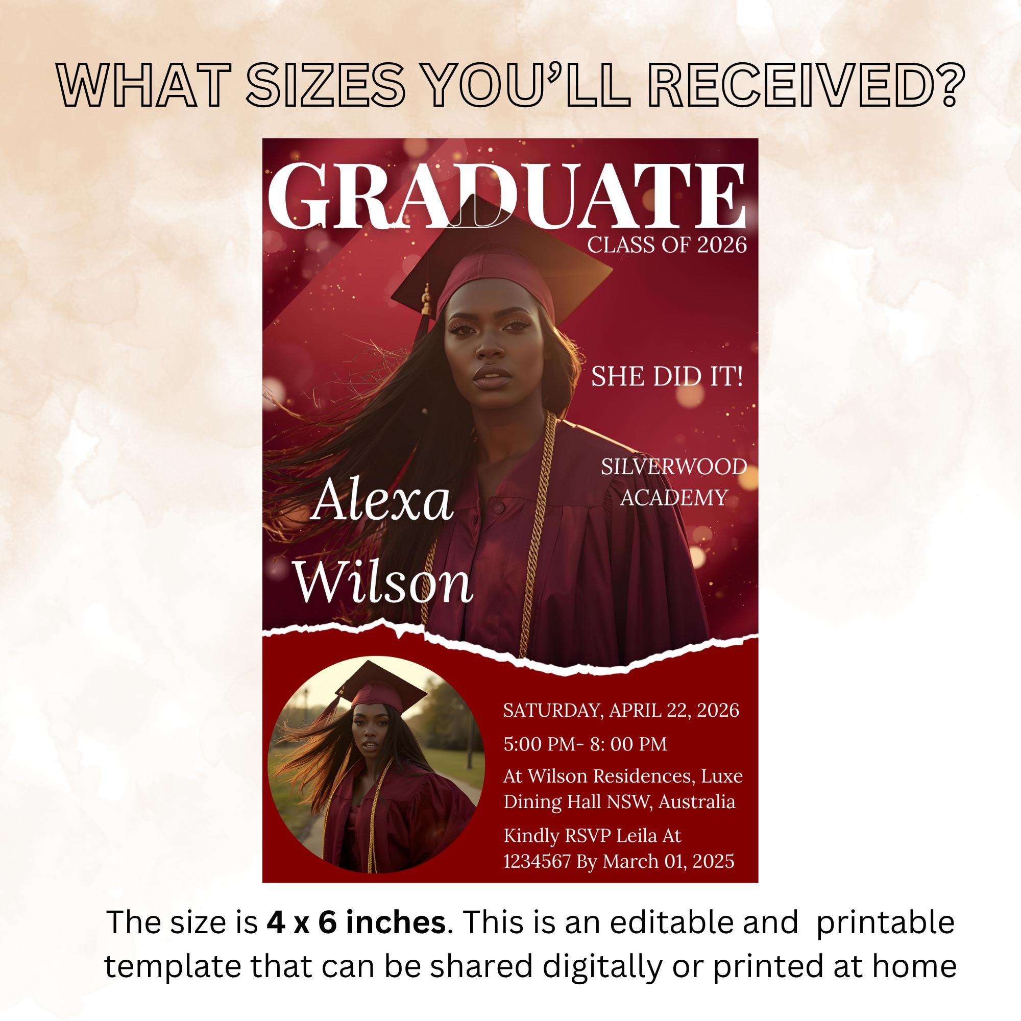 Maroon Graduation Party Invitation 2026, Digital Woman Senior Graduation invite with photo, Editable College Graduate Announcement Template