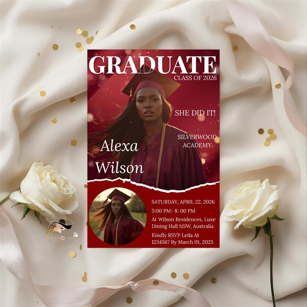 Maroon Graduation Party Invitation 2026, Digital Woman Senior Graduation invite with photo, Editable College Graduate Announcement Template