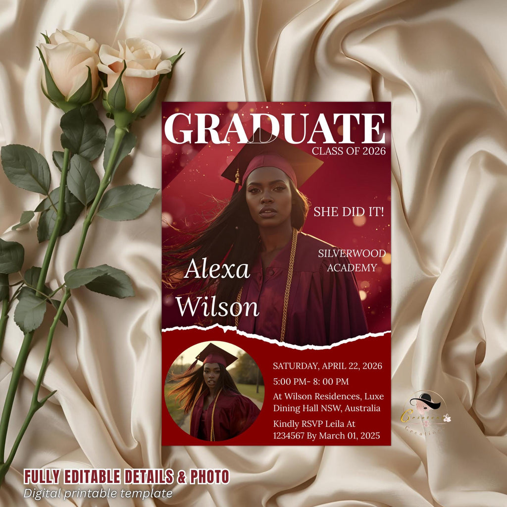 Maroon Graduation Party Invitation 2026, Digital Woman Senior Graduation invite with photo, Editable College Graduate Announcement Template