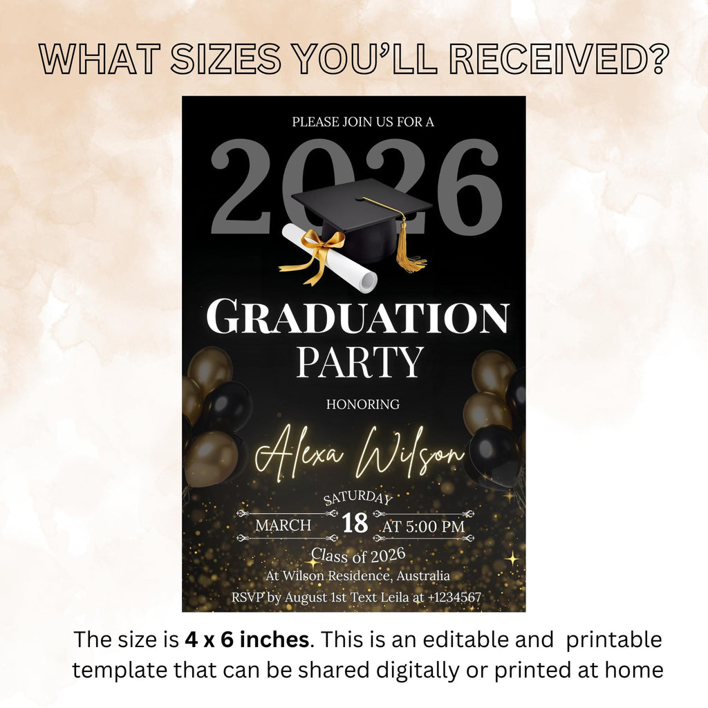 Black Gold Graduation Party Invitation, Class of 2026 Senior Graduation Dinner invite, Editable College Graduate Announcement Template