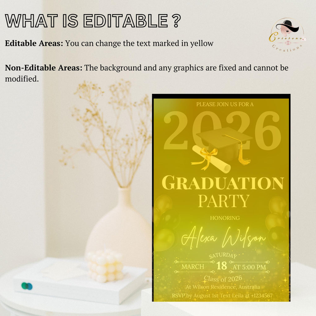 Black Gold Graduation Party Invitation, Class of 2026 Senior Graduation Dinner invite, Editable College Graduate Announcement Template