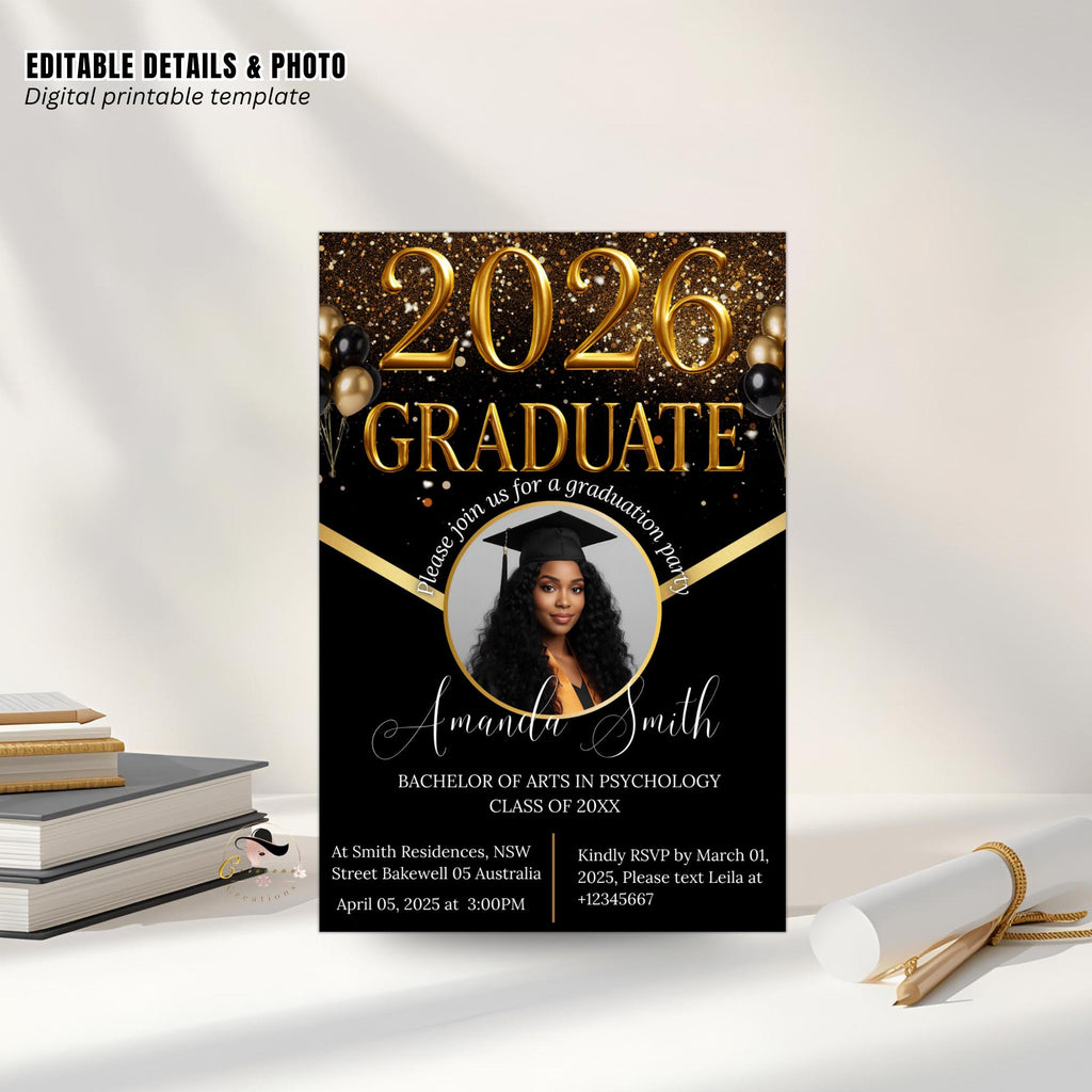 Black gold Graduation Party Announcement 2026 Invitation, Digital Woman Senior Graduation invite with photo, Men College Graduate Template