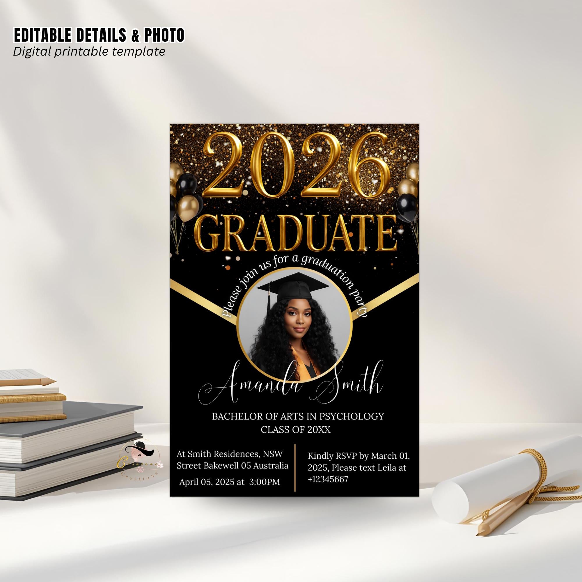 Black gold Graduation Party Announcement 2026 Invitation, Digital Woman Senior Graduation invite with photo, Men College Graduate Template