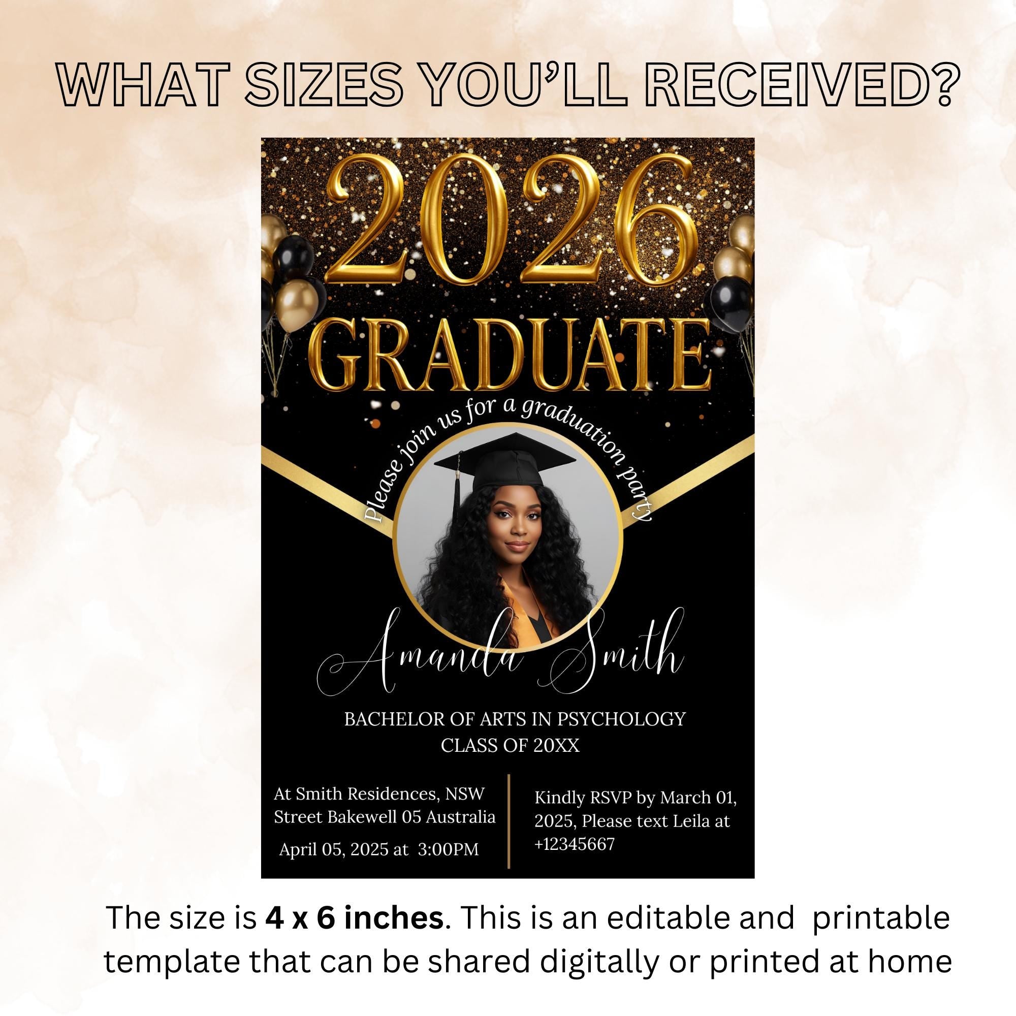 Black gold Graduation Party Announcement 2026 Invitation, Digital Woman Senior Graduation invite with photo, Men College Graduate Template