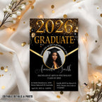 Black gold Graduation Party Announcement 2026 Invitation, Digital Woman Senior Graduation invite with photo, Men College Graduate Template
