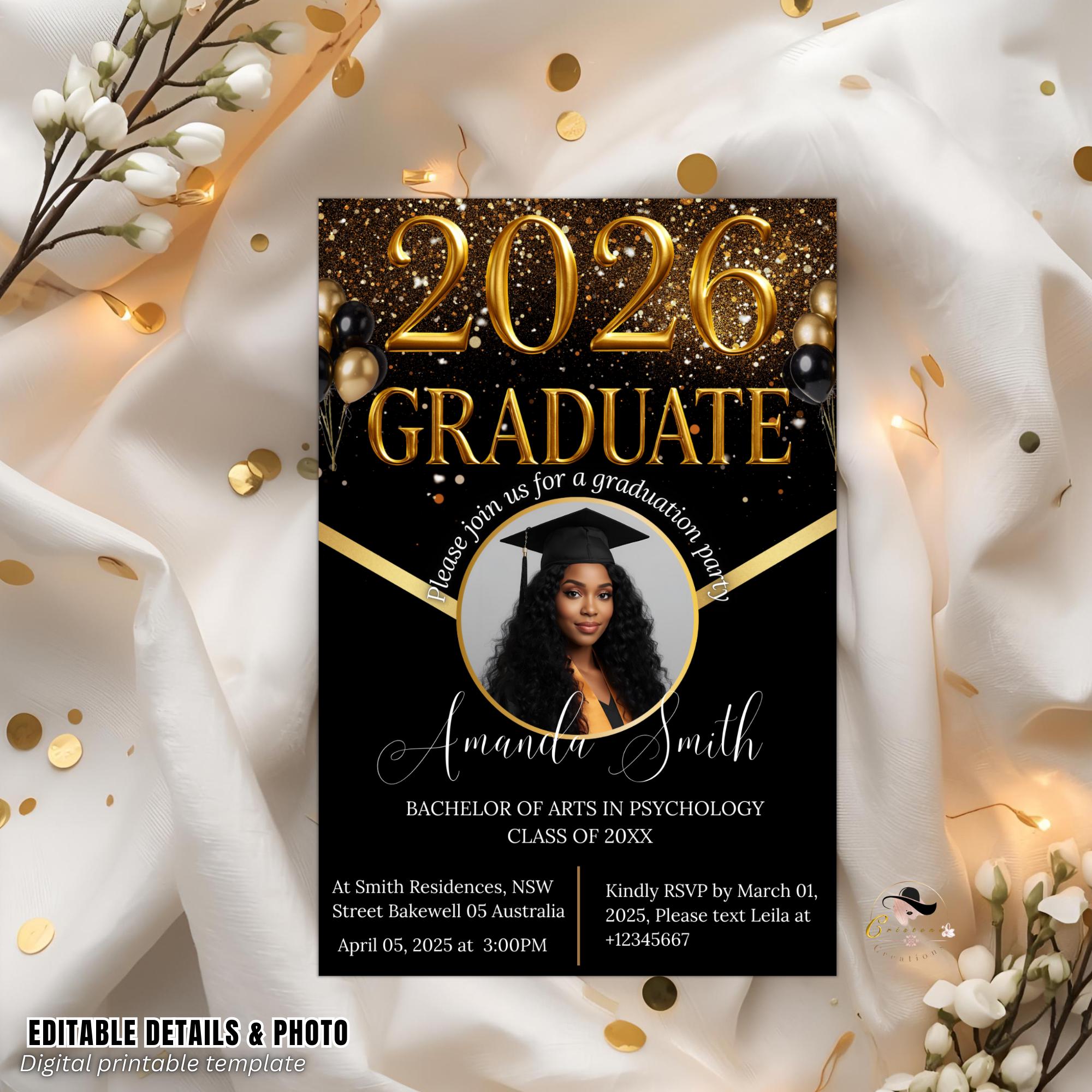 Black gold Graduation Party Announcement 2026 Invitation, Digital Woman Senior Graduation invite with photo, Men College Graduate Template