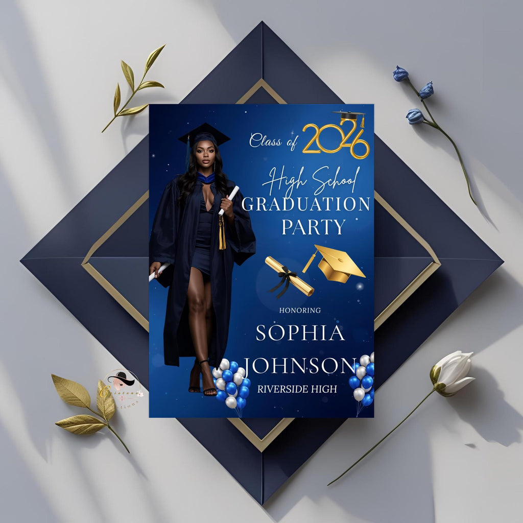 Senior Graduation Announcement Invitation, Blue 12th Grade Highschool Grad Party Invite with photo, 2026 Men and Woman Graduates Template