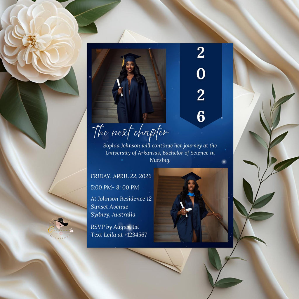 Senior Graduation Announcement Invitation, Blue 12th Grade Highschool Grad Party Invite with photo, 2026 Men and Woman Graduates Template