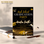 Senior Graduation Announcement Invitation, Black gold 12th Grade Highschool Grad Party Invite, Class of 2026 Men and Woman Graduate Template