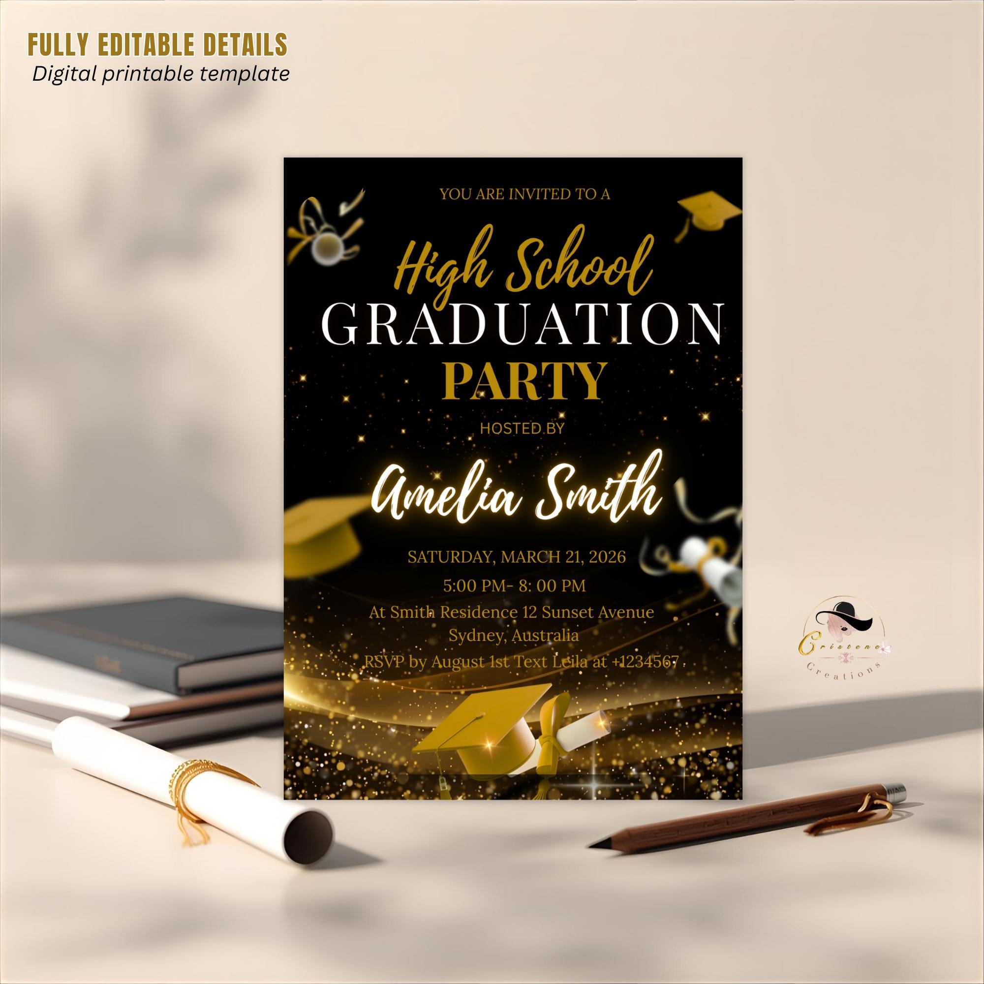 Senior Graduation Announcement Invitation, Black gold 12th Grade Highschool Grad Party Invite, Class of 2026 Men and Woman Graduate Template