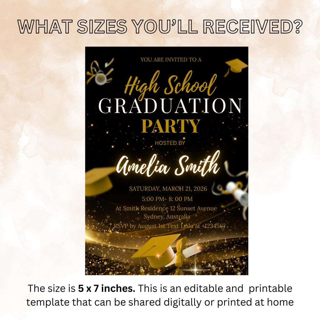 Senior Graduation Announcement Invitation, Black gold 12th Grade Highschool Grad Party Invite, Class of 2026 Men and Woman Graduate Template