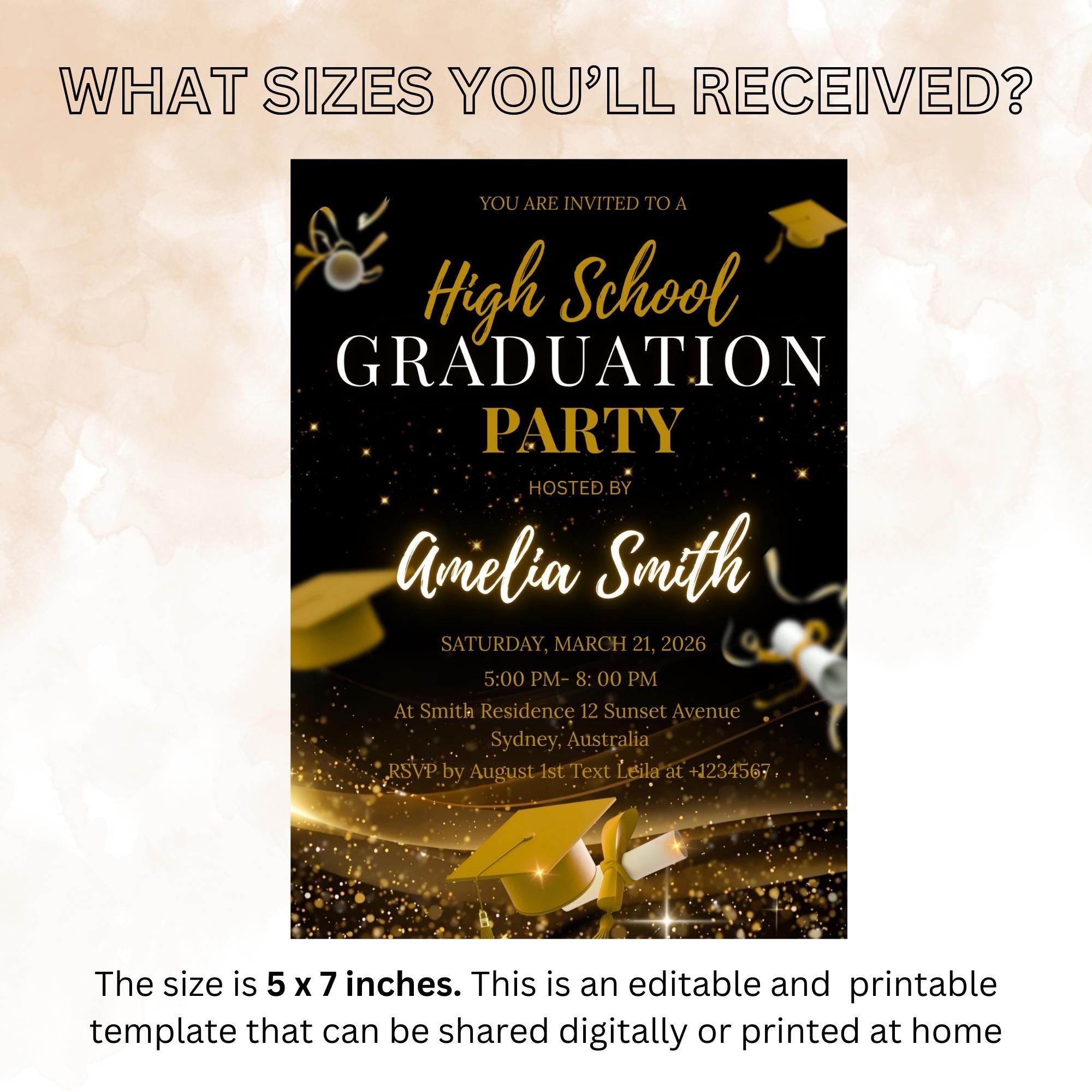 Senior Graduation Announcement Invitation, Black gold 12th Grade Highschool Grad Party Invite, Class of 2026 Men and Woman Graduate Template