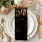 Editable 50th Birthday Dinner Menu card, Black Golden Anniversary Menu, Elegant Party Menu with photo, Printable Men and Woman Menu Template