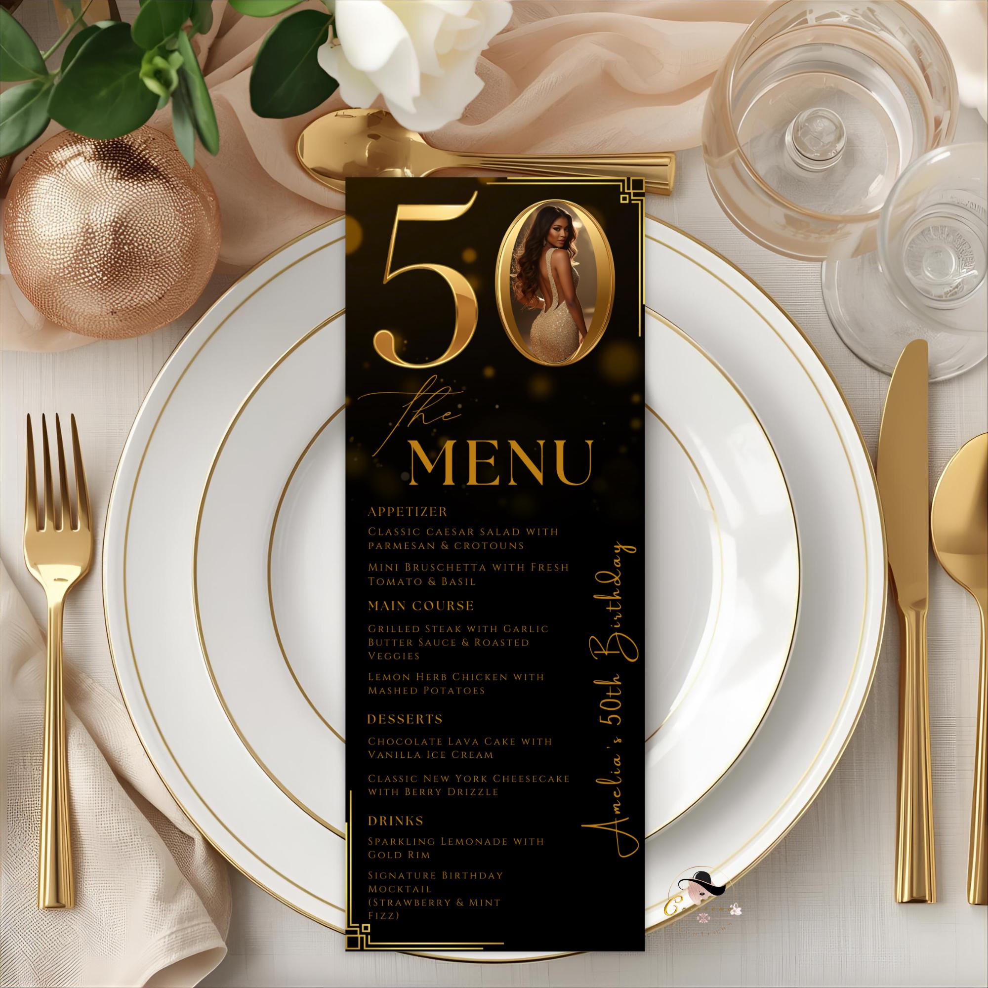 Editable 50th Birthday Dinner Menu card, Black Golden Anniversary Menu, Elegant Party Menu with photo, Printable Men and Woman Menu Template