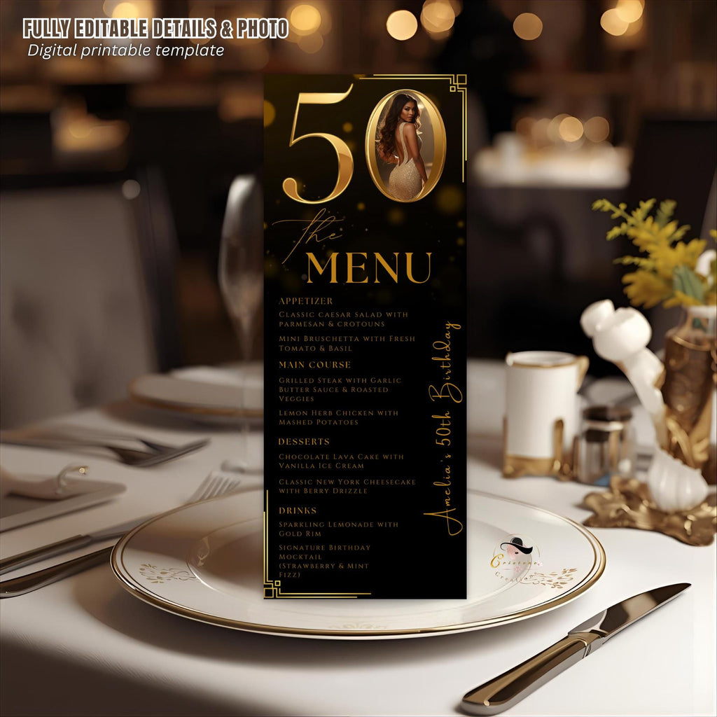 Editable 50th Birthday Dinner Menu card, Black Golden Anniversary Menu, Elegant Party Menu with photo, Printable Men and Woman Menu Template
