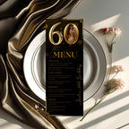 Editable 60th Birthday Party Menu card, Black Gold Anniversary Menu, Elegant Dinner Menu with photo, Printable Men and Woman Menu Template