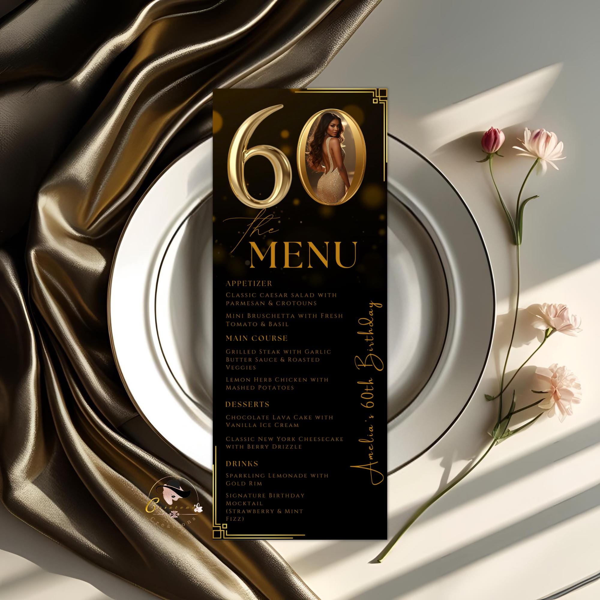 Editable 60th Birthday Party Menu card, Black Gold Anniversary Menu, Elegant Dinner Menu with photo, Printable Men and Woman Menu Template