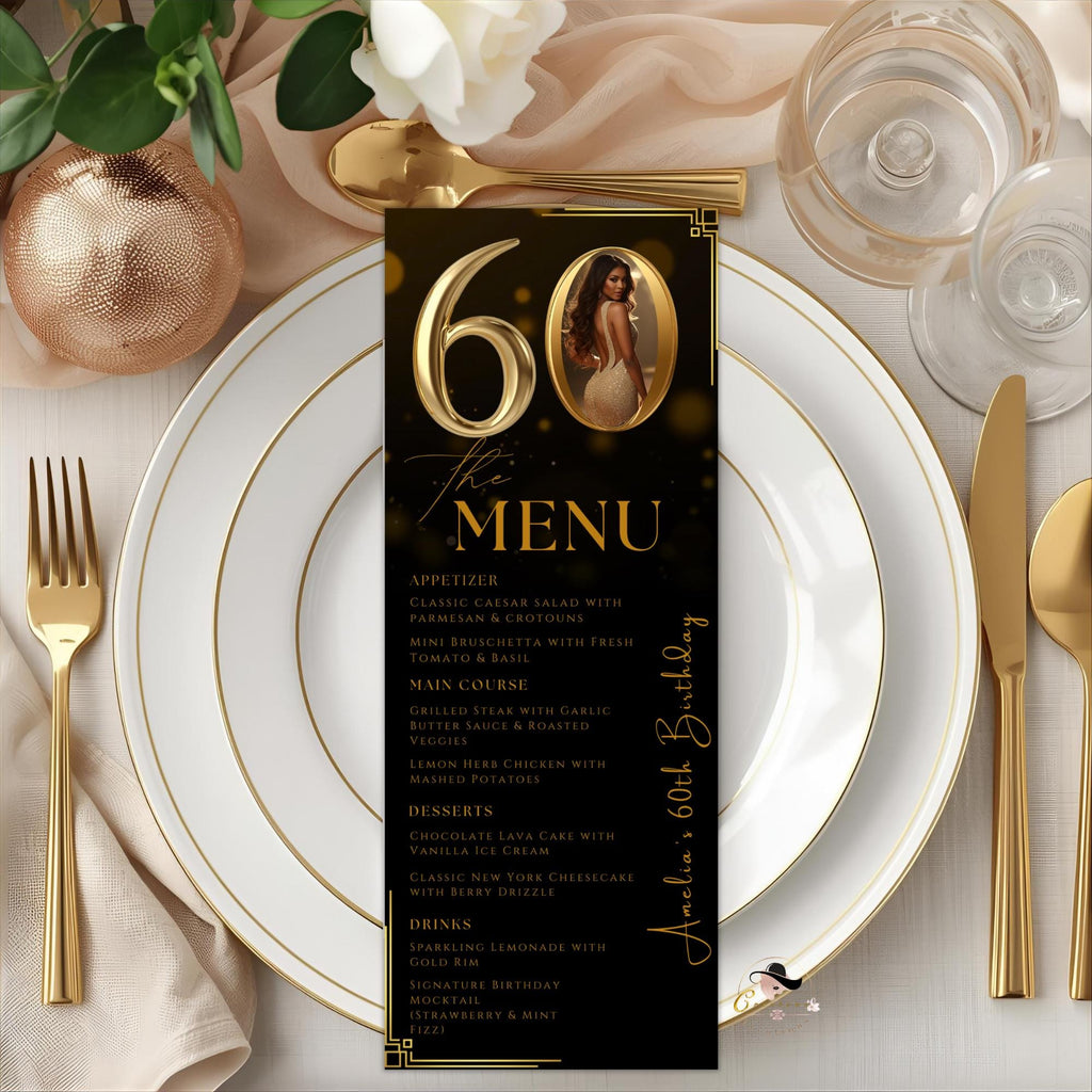 Editable 60th Birthday Party Menu card, Black Gold Anniversary Menu, Elegant Dinner Menu with photo, Printable Men and Woman Menu Template