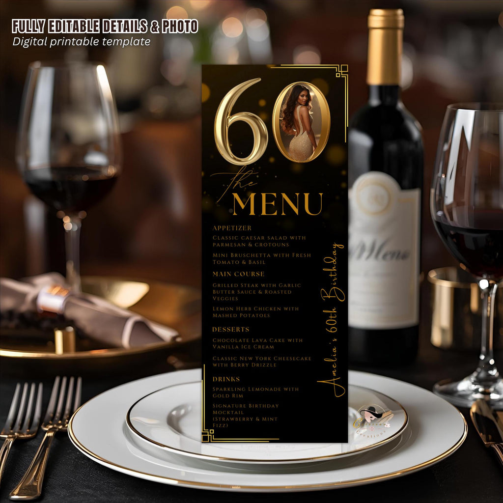Editable 60th Birthday Party Menu card, Black Gold Anniversary Menu, Elegant Dinner Menu with photo, Printable Men and Woman Menu Template