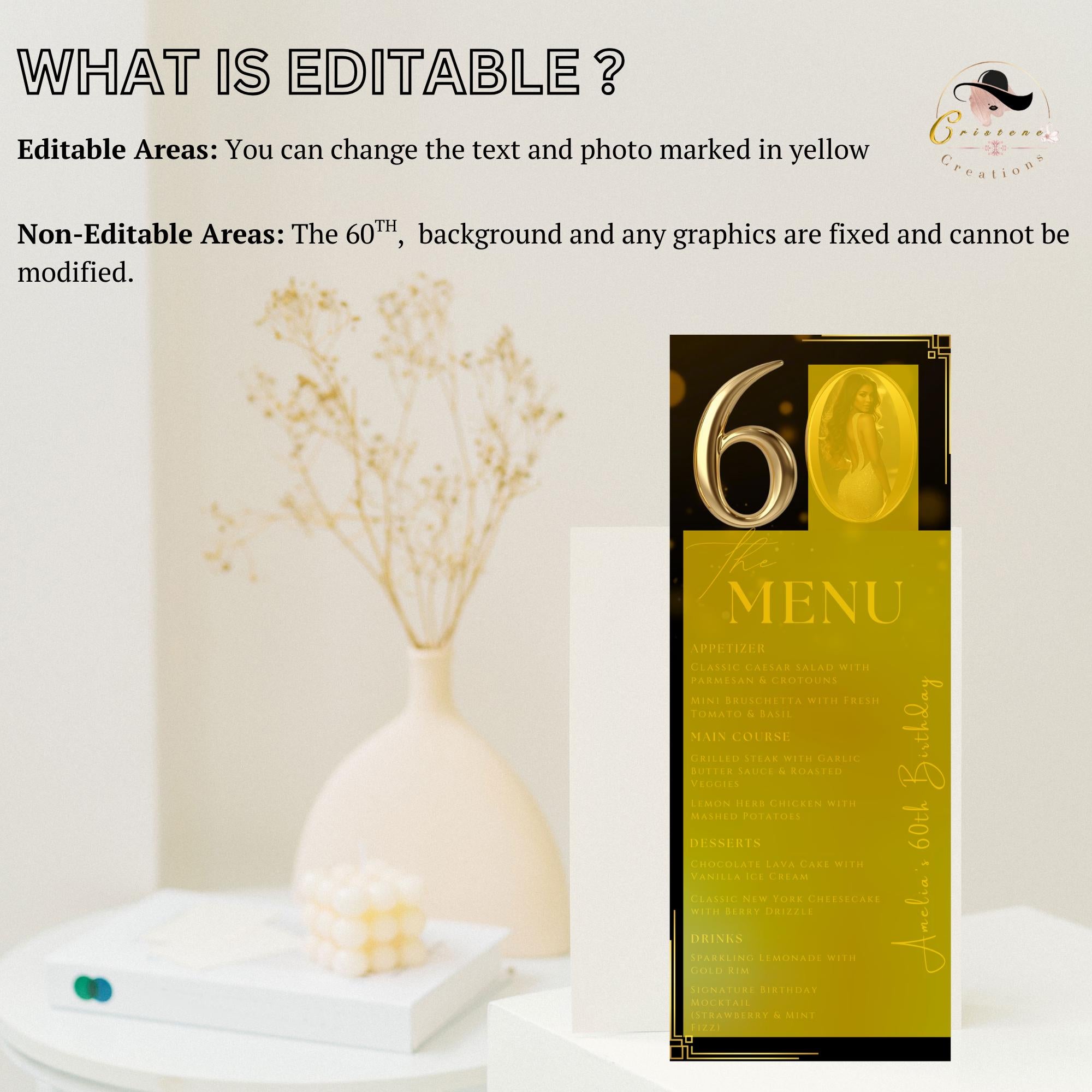 Editable 60th Birthday Party Menu card, Black Gold Anniversary Menu, Elegant Dinner Menu with photo, Printable Men and Woman Menu Template