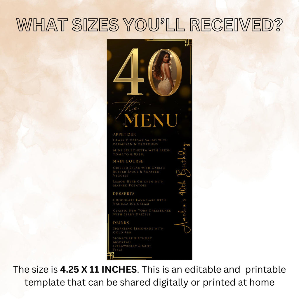 Editable 40th Birthday Party Menu card, Black Gold Dinner Menu with photo, Elegant Anniversary Menu, Printable Men and Woman Menu Template