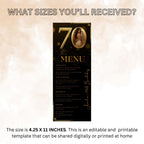 70th Birthday Party Menu card, Black Gold Elegant Dinner Menu with photo, Editable Seventieth Menu, Printable Men and Woman Menu Template