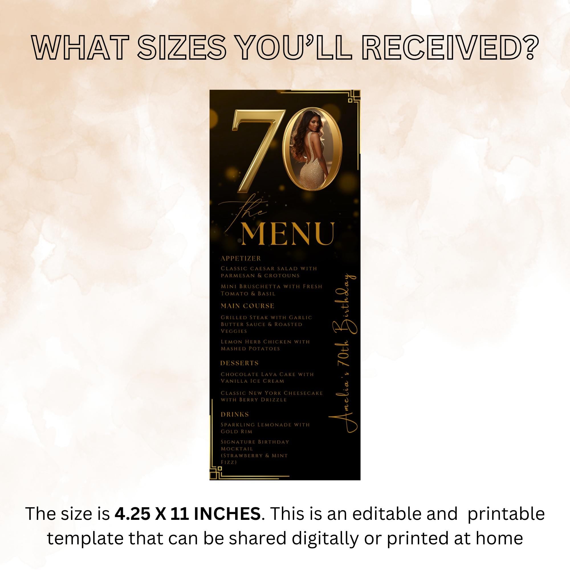 70th Birthday Party Menu card, Black Gold Elegant Dinner Menu with photo, Editable Seventieth Menu, Printable Men and Woman Menu Template