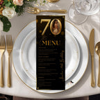 70th Birthday Party Menu card, Black Gold Elegant Dinner Menu with photo, Editable Seventieth Menu, Printable Men and Woman Menu Template