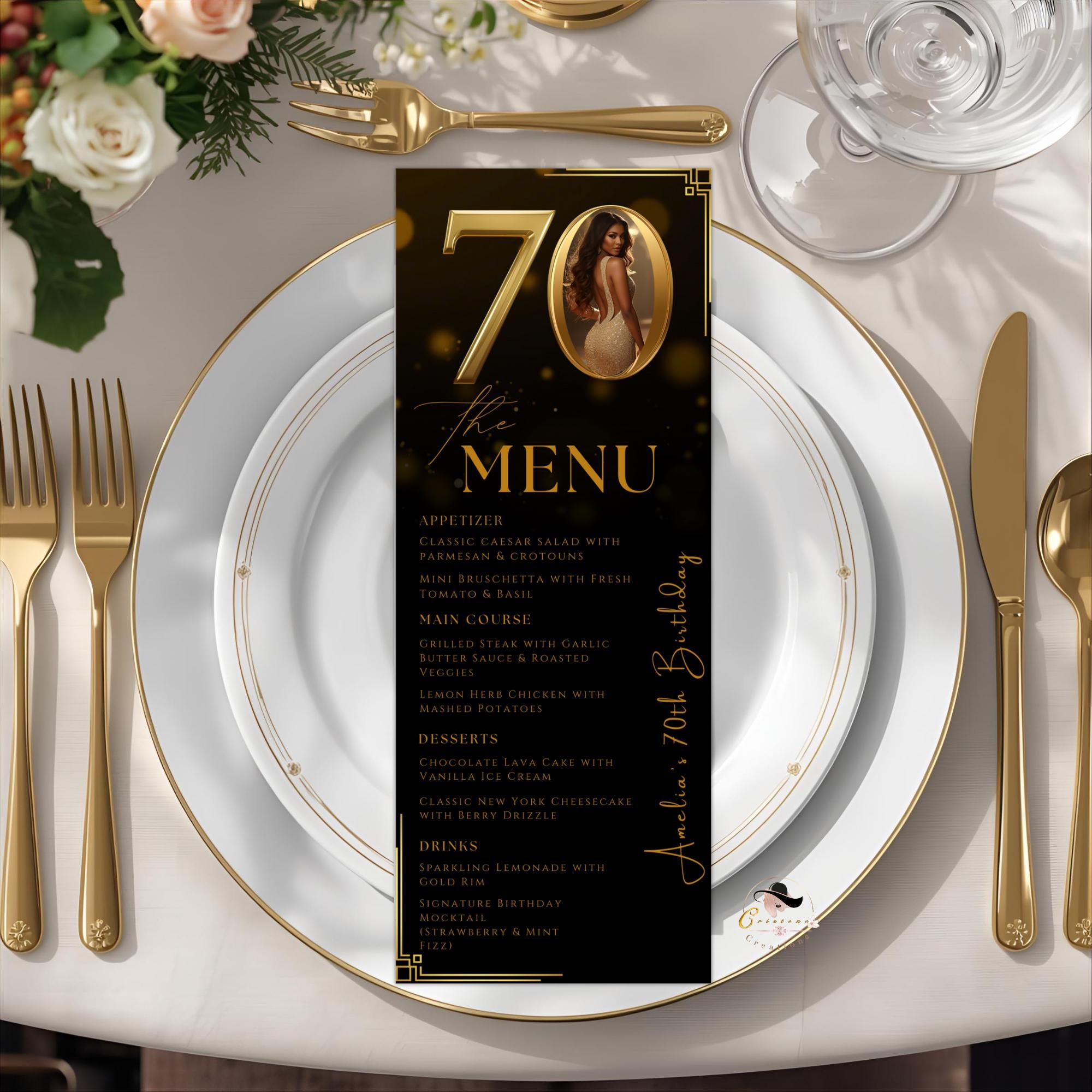 70th Birthday Party Menu card, Black Gold Elegant Dinner Menu with photo, Editable Seventieth Menu, Printable Men and Woman Menu Template