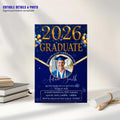 Men Graduation Announcement 2026 Invitation Blue Gold Senior Grad Party Invite with photo Digital College Graduation Day, He DID it Template