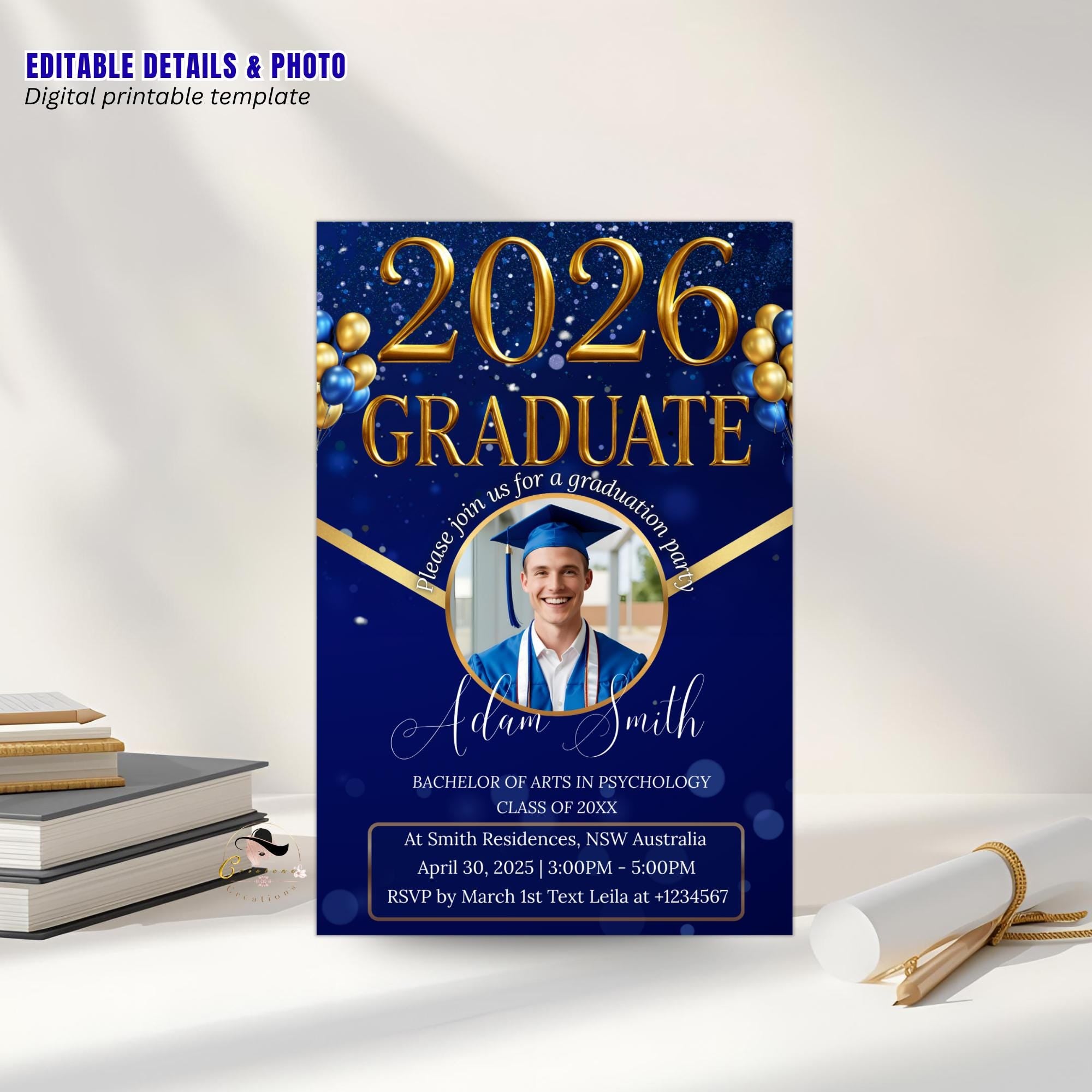 Men Graduation Announcement 2026 Invitation Blue Gold Senior Grad Party Invite with photo Digital College Graduation Day, He DID it Template